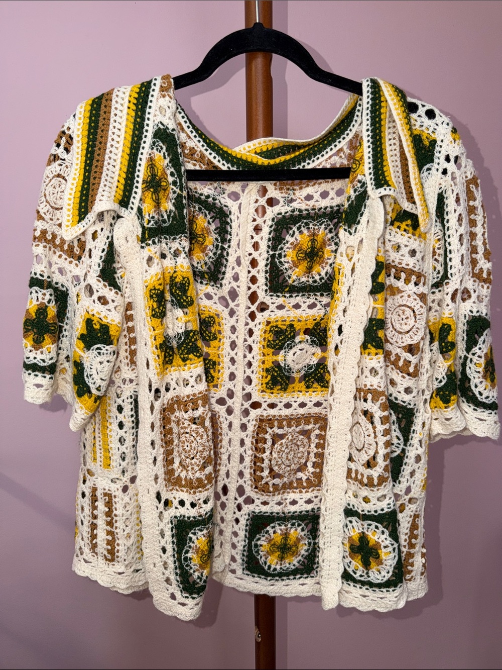 Crochet Openwork Tunic Cardigan in White with Yellow and Green Accents